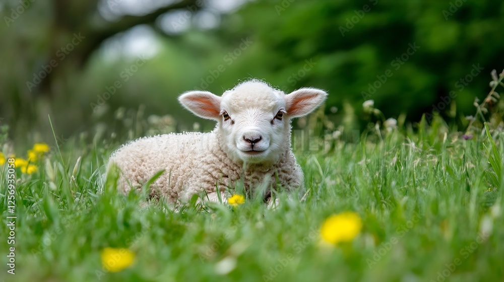 Adorable fluffy lamb resting in a green meadow surrounded by vibrant wildflowers under a clear sunny sky : Generative AI Adorable fluffy lamb resting in a green meadow surrounded by vibrant wildflowers under a clear sunny sky : Generative AI