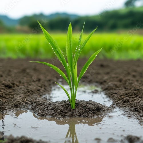 Fresh Green Plant Sprouting in Wet Soil Under Cloudy Sky