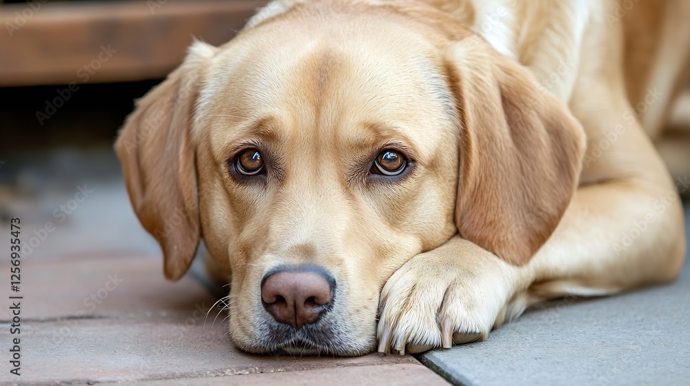 Close up portrait of a resting golden labrador with soulful eyes looking directly at the camera : Generative AI Close up portrait of a resting golden labrador with soulful eyes looking directly at the camera : Generative AI