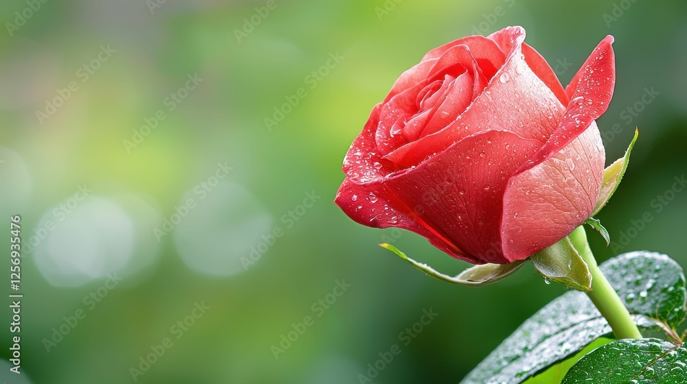 Obraz premium Beautiful pink rose with dew on petals.