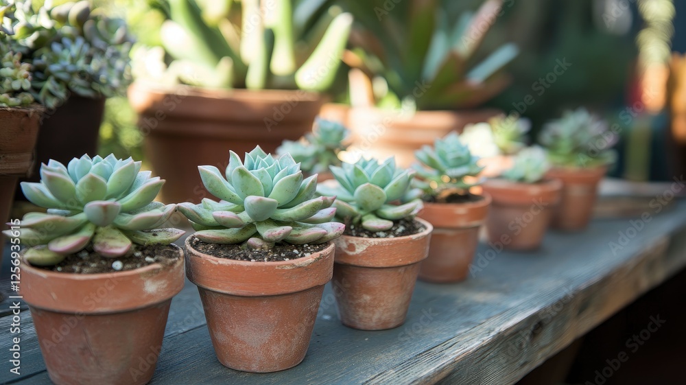 Succulent plants in terracotta pots lined on wooden surface Succulent plants in terracotta pots lined on wooden surface