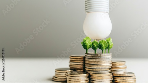 A light bulb sits atop coins, symbolizing investment in sustainable energy and growth, with small plants representing eco-friendly initiatives. photo