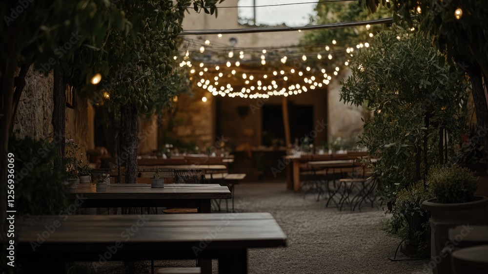 Fototapeta premium Charming outdoor cafe with string lights creating cozy ambiance