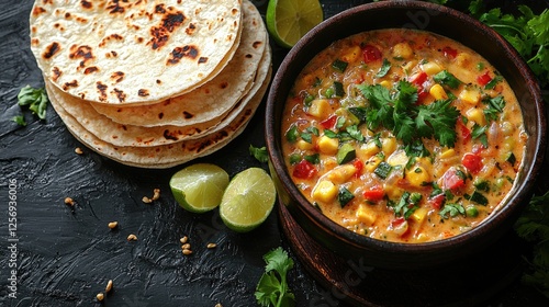 Colorful bowl of stew with fresh vegetables, tortillas, and lime slices on a textured surface