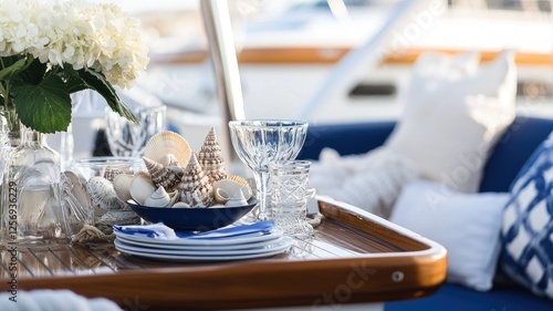 Elegant table setting on boat with shells and flowers as decorations, glassware sparkling