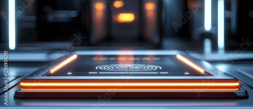 Access Detection Gadgets, Minimalistic Futuristic Biometric Security Pad with Glowing Lines and Blurred Background