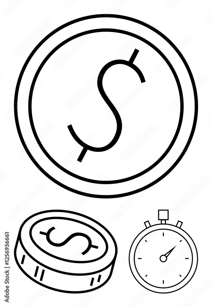 Dollar sign coin in two perspectives and a stopwatch. Ideal for finance, time management, savings, investment, budgeting, business strategy, economic planning themes. Line metaphor Dollar sign coin in two perspectives and a stopwatch. Ideal for finance, time management, savings, investment, budgeting, business strategy, economic planning themes. Line metaphor
