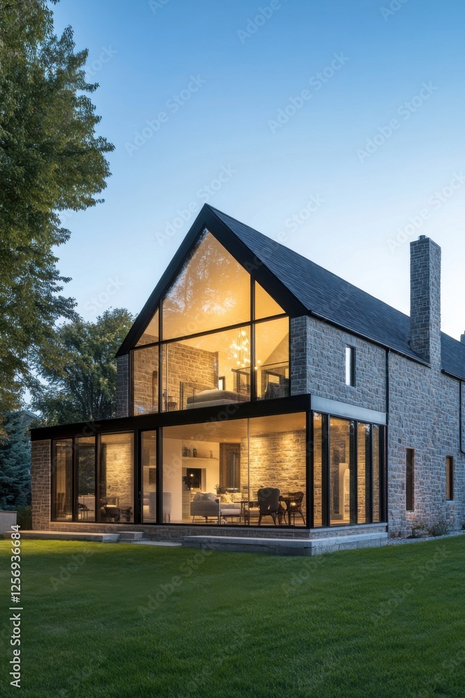 A contemporary home featuring expansive glass windows, beautifully illuminated at twilight, nestled among trees in a tranquil outdoor environment A contemporary home featuring expansive glass windows, beautifully illuminated at twilight, nestled among trees in a tranquil outdoor environment