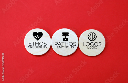 Foto wooden circle with icons and the words Credibility Emotions and Logic ethos path