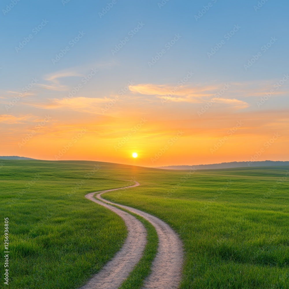 Fototapeta premium Serene Sunrise Over Rolling Fields with a Winding Dirt Path