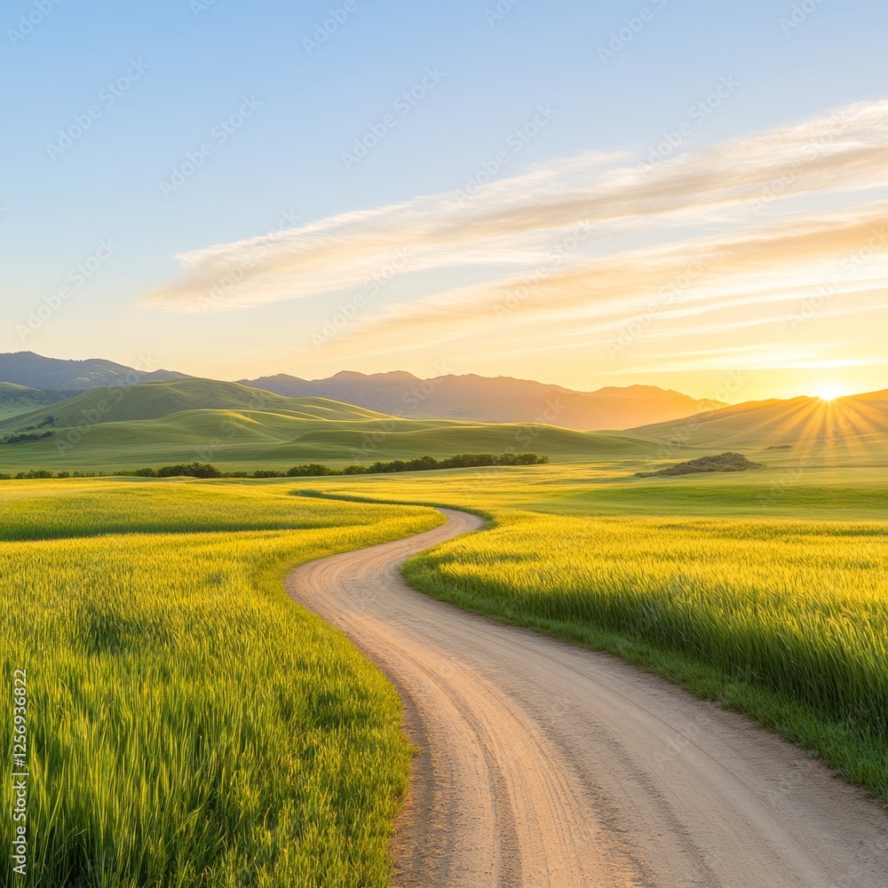 Serene Curved Dirt Path Through Lush Green Landscape at Sunset Serene Curved Dirt Path Through Lush Green Landscape at Sunset