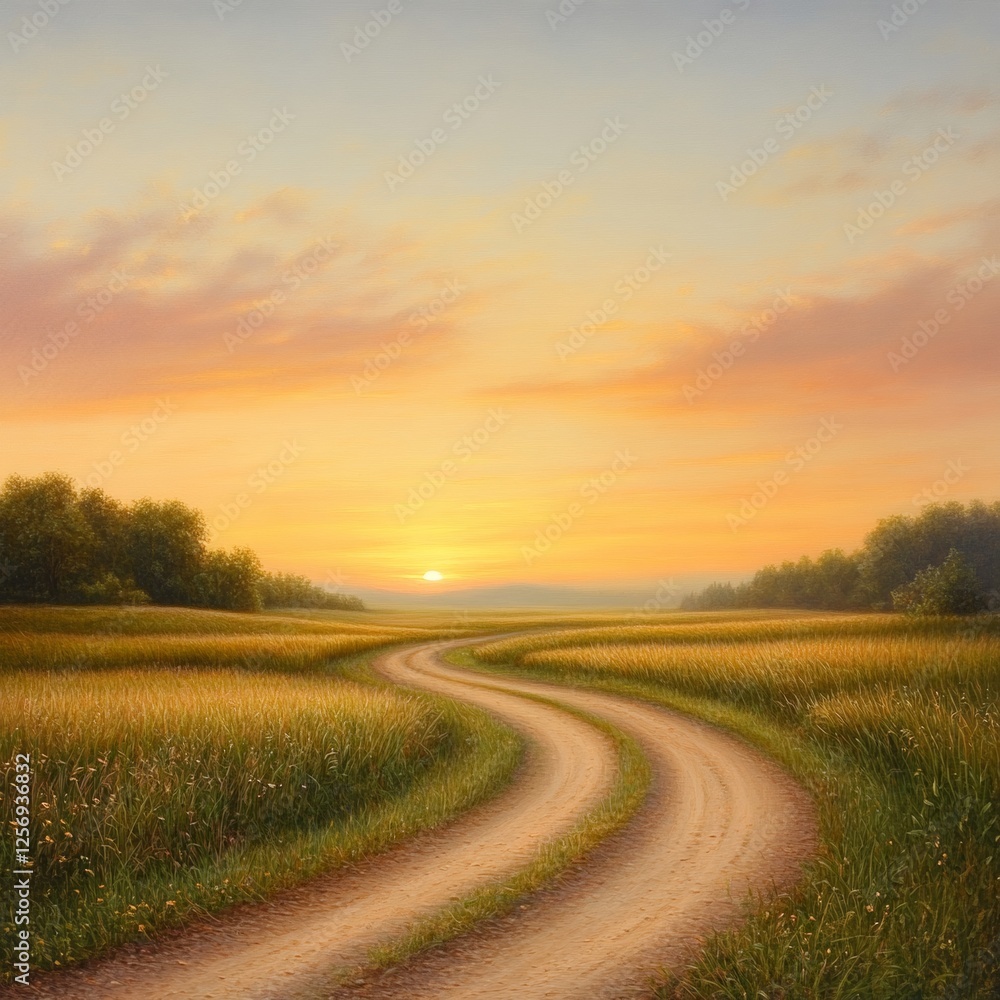 Serene Sunrise Over Winding Dirt Road in Tranquil Meadows Serene Sunrise Over Winding Dirt Road in Tranquil Meadows