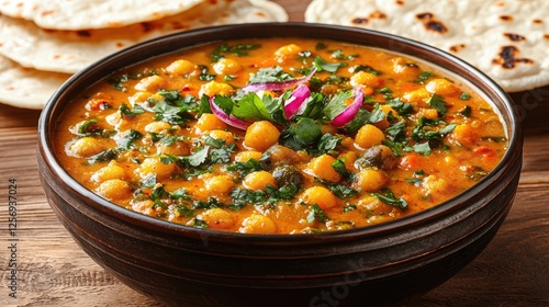 A vibrant bowl of chickpea curry garnished with herbs, served with flatbreads on a wooden table