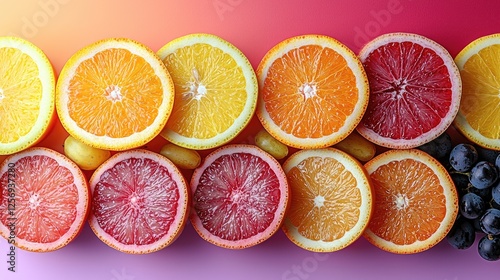 Vibrant arrangement of citrus fruits showcasing oranges, grapefruits, and blueberries on a gradient background