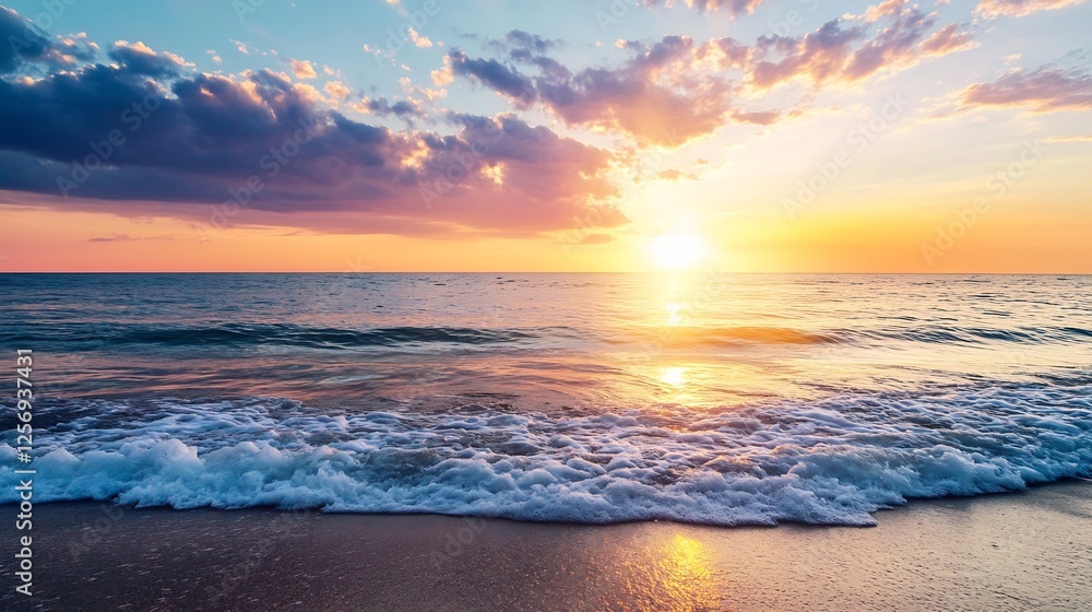 Obraz premium Breathtaking sunset over the ocean waves creating a tranquil beach atmosphere : Generative AI