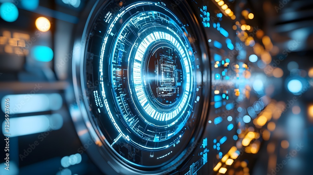 Access Detection Gadgets, Glowing Holographic Scanner Embedded in Futuristic High-Tech Wall with Circular Patterns Access Detection Gadgets, Glowing Holographic Scanner Embedded in Futuristic High-Tech Wall with Circular Patterns