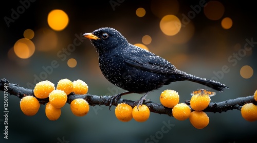 Blackbird perched on berries, night bokeh background; nature photography