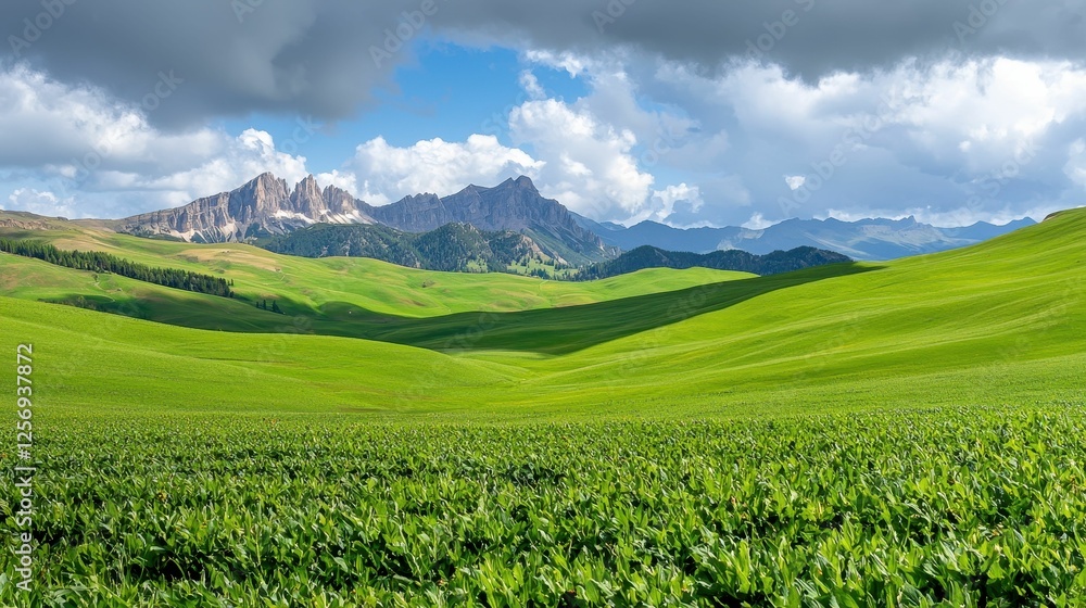 Fototapeta premium Vibrant green hills under a cloudy sky.