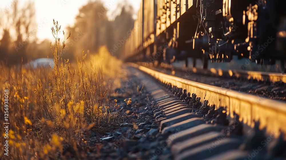 Obraz premium Golden Hour Train Tracks Surrounded by Wildflowers in an Idyllic Landscape : Generative AI