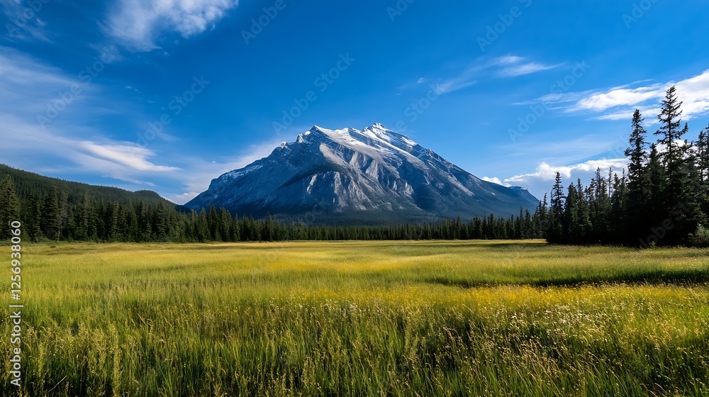 Majestic mountain peak towering over golden fields under a brilliant blue sky : Generative AI Majestic mountain peak towering over golden fields under a brilliant blue sky : Generative AI