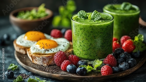Refreshing green smoothie with eggs on toast and berries, set on a rustic table with herbs