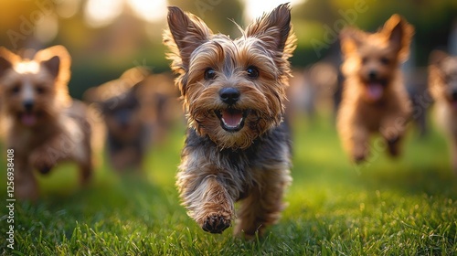 Happy Yorkshire Terriers Running Playfully in a Lush Green Park During Golden Hour