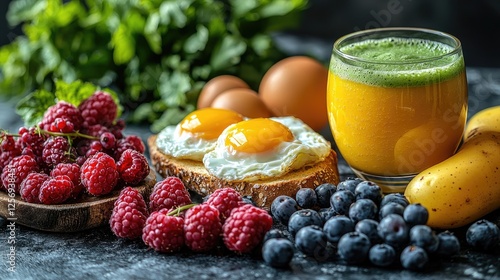 Fresh breakfast spread featuring eggs, fruits, and juice on a rustic table with greenery