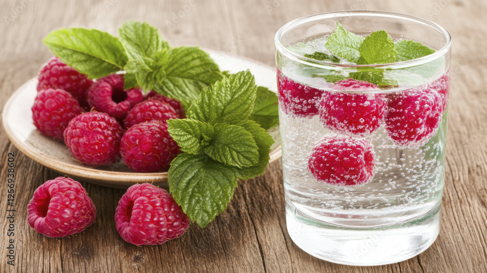 Fresh raspberries and mint leaves in glass of sparkling water create refreshing drink. Perfect for summer hydration and enjoyment Fresh raspberries and mint leaves in glass of sparkling water create refreshing drink. Perfect for summer hydration and enjoyment