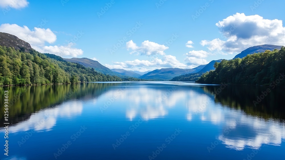 Tranquil lake reflecting blue sky and clouds surrounded by lush green forests in nature : Generative AI Tranquil lake reflecting blue sky and clouds surrounded by lush green forests in nature : Generative AI