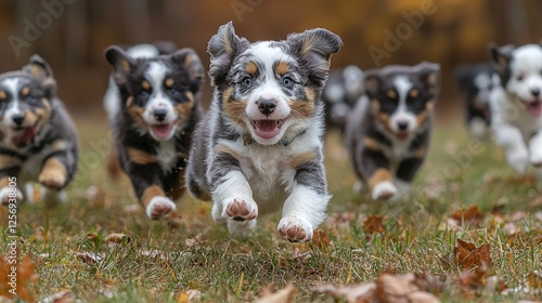 Playful Australian Shepherd puppies running joyfully through a colorful autumn landscape