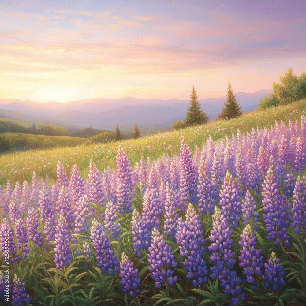 Obraz premium Serene Landscape of Lavender Fields Under a Colorful Sunset Sky