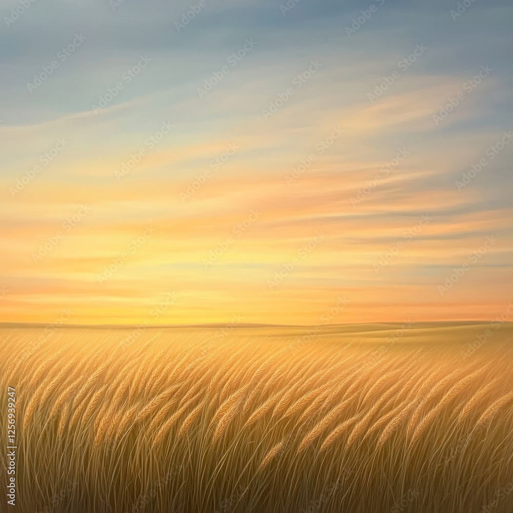 Obraz premium Golden Wheat Field Under Vibrant Sunset Sky with Soft Clouds