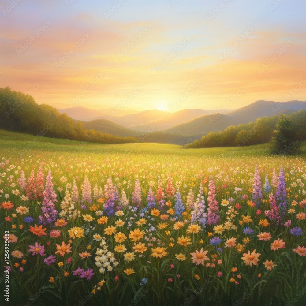 Obraz premium Vibrant Landscape of Flowers Under a Colorful Sunset Sky