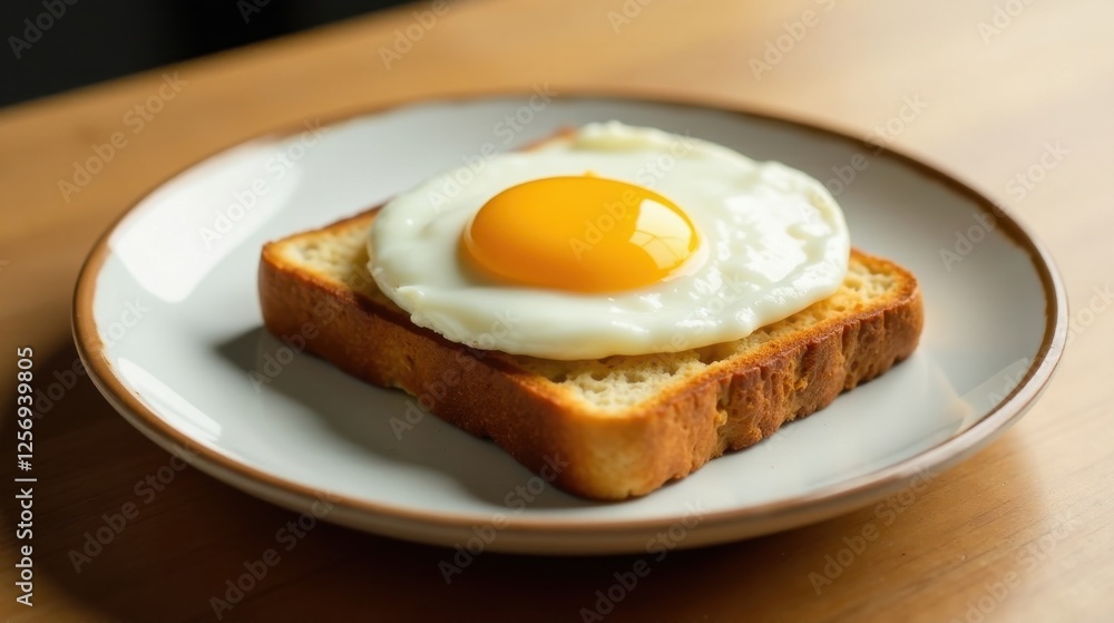 A perfectly cooked fried egg atop a slice of golden-brown toast, served on a simple plate, a delightful breakfast scene A perfectly cooked fried egg atop a slice of golden-brown toast, served on a simple plate, a delightful breakfast scene