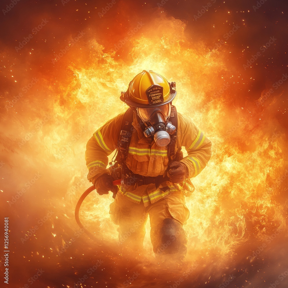 Brave firefighter battling intense flames in a dramatic rescue scene Brave firefighter battling intense flames in a dramatic rescue scene