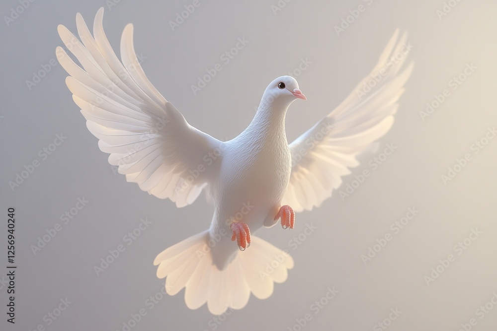 Fototapeta premium White Dove Soaring Gracefully, Symbolizing Peace and Hope, in Flight, Majestically, Serene. Bird's Wings with Beauty.