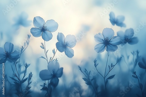 Serene Blue Flowers at Sunset: A Dreamy Floral Landscape