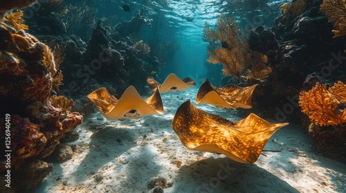 Underwater scene showcasing graceful rays gliding over sandy ocean floor amidst vibrant corals