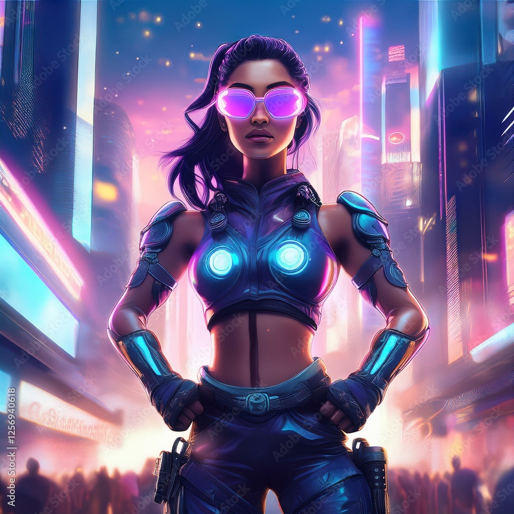 A futuristic cyberpunk-style digital painting of a strong female warrior standing in a neon-lit city, wearing glowing purple glasses that symbolize feminist awareness. The background features holograp A futuristic cyberpunk-style digital painting of a strong female warrior standing in a neon-lit city, wearing glowing purple glasses that symbolize feminist awareness. The background features holograp