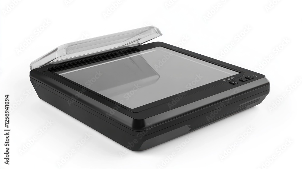 Flatbed scanner open on white background. Possible use Stock photo for office equipment catalog Flatbed scanner open on white background. Possible use Stock photo for office equipment catalog