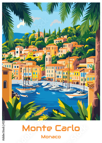 Monte Carlo, Monaco Vector Illustration. Mediterranean Architecture, Yachts, Palm Trees