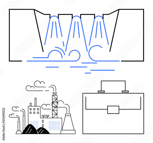 Hydropower dam with cascading water, industrial facility with chimneys, and business briefcase. Ideal for renewable energy, sustainability, industry growth, resource management, economic strategy