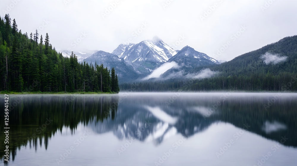 Majestic Mountain Range Reflected in a Peaceful Lake Surrounded by Lush Forest : Generative AI Majestic Mountain Range Reflected in a Peaceful Lake Surrounded by Lush Forest : Generative AI
