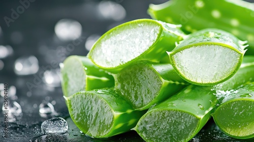 Freshly sliced aloe vera leaves showing translucent gel on a dark wet surface with ice cubes.