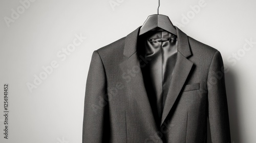Dark gray suit hanging on hanger, simple studio shot