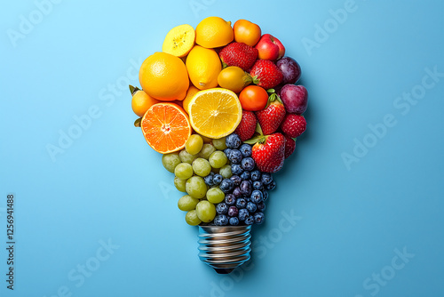 A vibrant light bulb shape arranged with a variety of fresh fruits in a rainbow gradient, representing a burst of fresh ideas and healthy inspiration