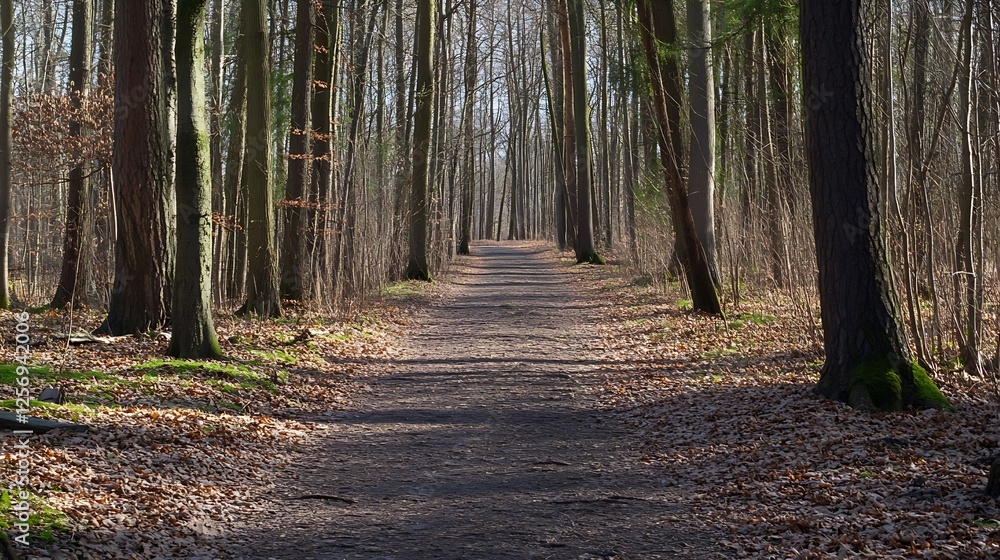 Fototapeta premium Idyllic forest pathway surrounded by tall trees casting shadows on a tranquil nature trail : Generative AI