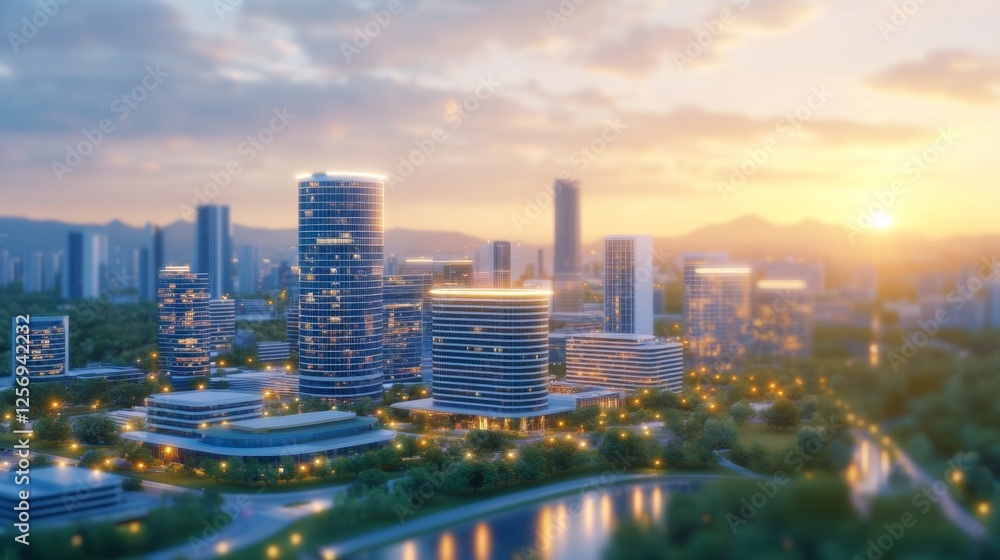 Fototapeta premium Modern City Skyline with Sunset Glow and Urban Landscape View