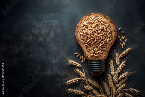 A rustic light bulb shape formed by carefully arranged artisan bread slices and wheat grains, representing the origins of culinary inspiration