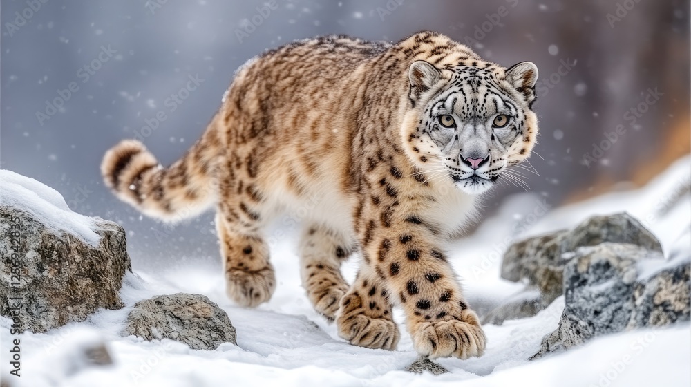 Obraz premium Snow leopard gracefully traversing a snowy landscape, showcasing its beauty in nature's tranquility